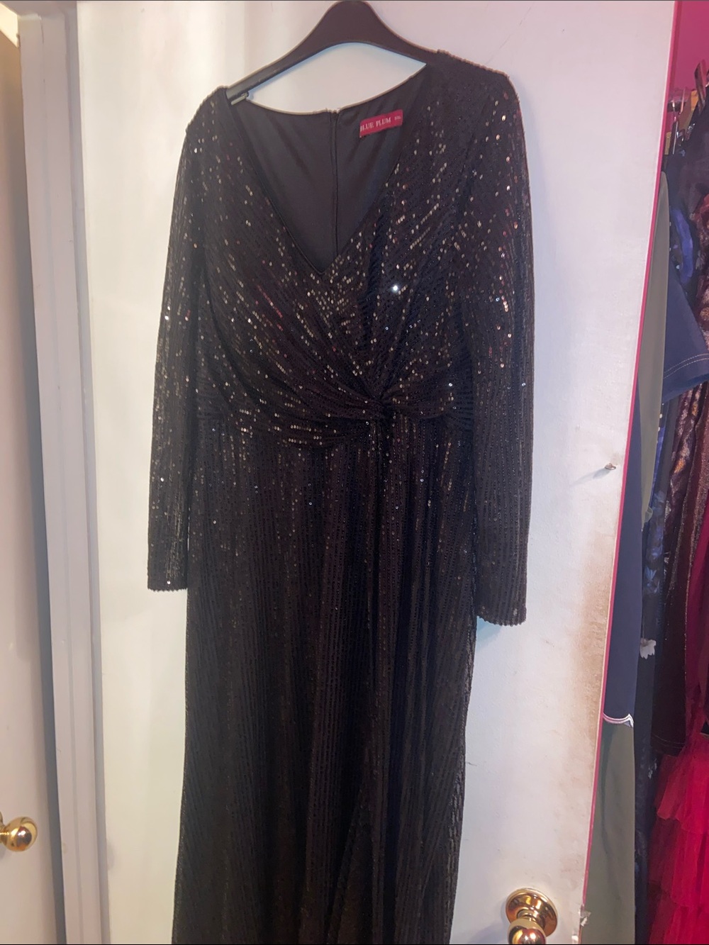 Black Long Sleeve Sequin Knot-Waist Gown. Wore it once. Fits small.